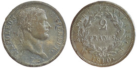 Premier Empire 1804-1814
2 Francs, Marseille, 1810 MA, AG 9.95 g. Ref : G.501
Conservation : TTB. Rarissime