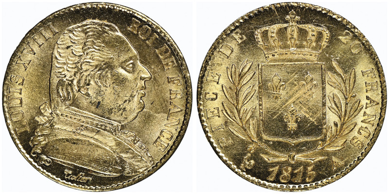 Louis XVIII 1814-1815
20 francs, Paris, 1815 A, AU 6.41 g. Ref : Gad. 1026, Fr. ...