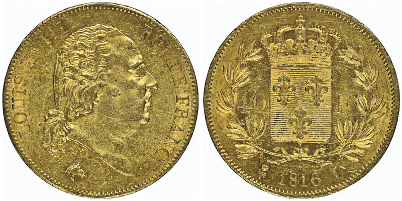 Louis XVIII 1815-1824
40 Francs, Bayonne, 1816 L, AU 12.9 g. Ref : G.1092, Fr.53...