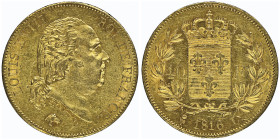 Louis XVIII 1815-1824
40 Francs, Bayonne, 1816 L, AU 12.9 g. Ref : G.1092, Fr.533
Conservation : NGC MS 62
Quantité : 3300 exemplaires. Rare
