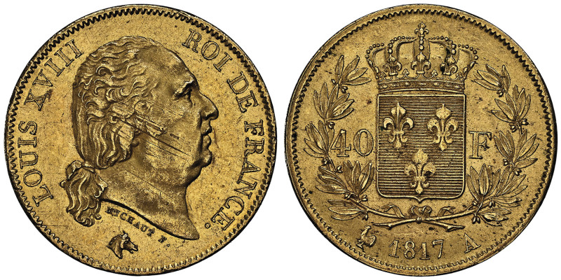 Louis XVIII 1815-1824 
40 Francs, Paris, 1817 A, AU 12.88 g.
Ref : G. 1092, Fr. ...