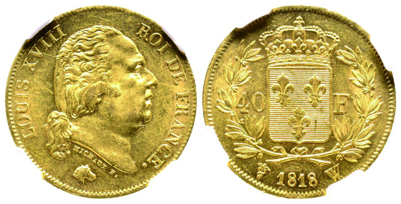 Louis XVIII 1815-1824
40 Francs, Lille, 1818 W, AU 12.9 g.
Ref : G. 1092, Fr. 54...