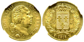 Louis XVIII 1815-1824
40 Francs, Lille, 1818 W, AU 12.9 g.
Ref : G. 1092, Fr. 542
Conservation : NGC MS 62. Superbe exemplaire