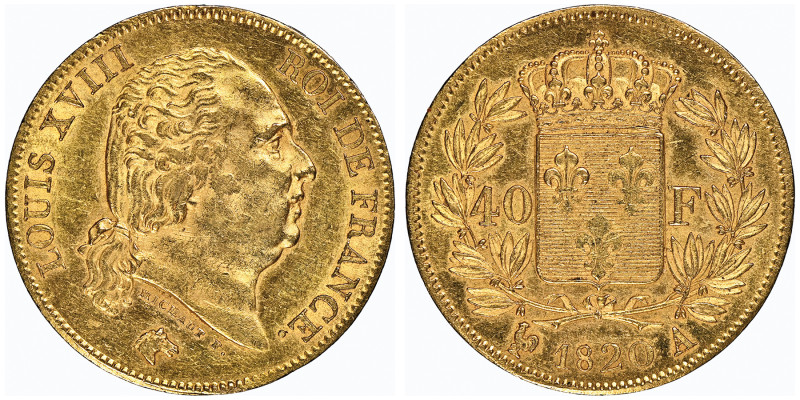 Louis XVIII 1815-1824
40 Francs, Paris, 1820/10 A, AU 12.9 g. Ref : G.1092, Fr. ...