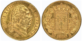 Louis XVIII 1815-1824
40 Francs, Paris, 1820/10 A, AU 12.9 g. Ref : G.1092, Fr. 533 
Conservation : PCGS MS 62
Qunatité : 5480 exemplaires. Rare. Top ...