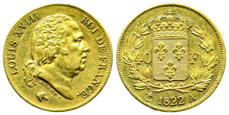 Louis XVIII 1815-1824
40 francs, Paris, 1822 A, AU 12.9 g.
Ref : G. 1092, Fr. 53...