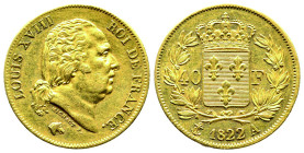 Louis XVIII 1815-1824
40 francs, Paris, 1822 A, AU 12.9 g.
Ref : G. 1092, Fr. 532
Conservation : Superbe
Quantité : 367 exemplaires. Rarissime