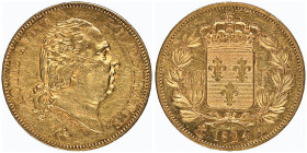 Louis XVIII 1815-1824
40 Francs, Paris, 1824 A, AU 12.9 g.
Ref : G. 1092, Fr. 542
Conservation : NGC MS 61
