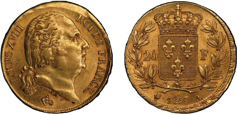 Louis XVIII 1815-1824
20 Francs, erreur de frappe, Paris, 1817 A, AU 6.45 g. 
Re...