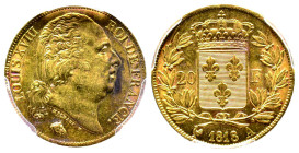 Louis XVIII 1815-1824
20 Francs, Paris, 1818 A, AU 6.45 g. 
Ref : G.1028, Fr. 539
Conservation : PCGS MS 61