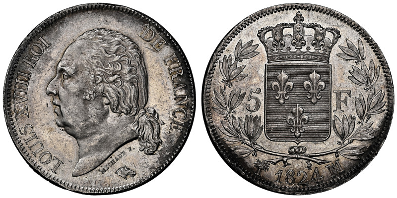 Louis XVIII 1815-1824
5 francs buste nu Marseille, 1824 MA, AG 25 g.
Ref : G.614...