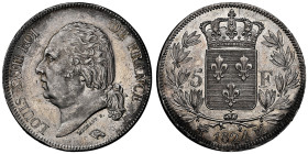 Louis XVIII 1815-1824
5 francs buste nu Marseille, 1824 MA, AG 25 g.
Ref : G.614, F.309
Ex Collection Abbe J. Thilliez, lot 520
Conservation : NGC MS ...