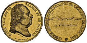 Louis XVIII 1815-1824
Médaille en or pour le Comice agricole de l'arrondissement de Châlons sur marme, 1821,
AU 32.83 g. 35 mm
Avers : LOUIS XVIII ROI...