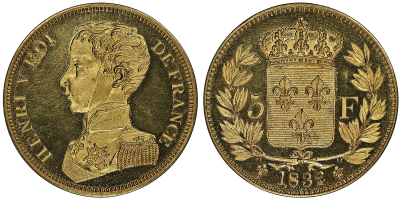 Henri V prétendant 1820-1883
Essai Piéfort en or du 5 francs, Paris, 1832, AG 46...
