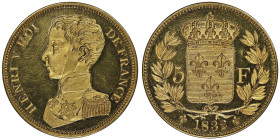 Henri V prétendant 1820-1883
Essai Piéfort en or du 5 francs, Paris, 1832, AG 46.92 g.
Ref : Maz. 906c (R5)
Conservation: NGC PF 65 ULTRA CAMEO
Rariss...