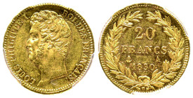 Louis Philippe 1830-1848
20 Francs, Paris, 1830 A, tranche en creux, AU 6.45 g.
Ref : G.1030
Conservation : PCGS AU 58