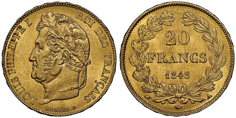 Louis Philippe 1830-1848
20 Francs, Paris, 1848 A, AU 6.45 g.
Ref : G.1031, Fr. ...