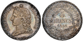 IIe République 1848-1852
Epreuve en argent du 5 francs du concours, 1848, AG 25 g. par Bovy, Tranche inscrite en relief, frappe monnaie.
Ref : Maz. 12...