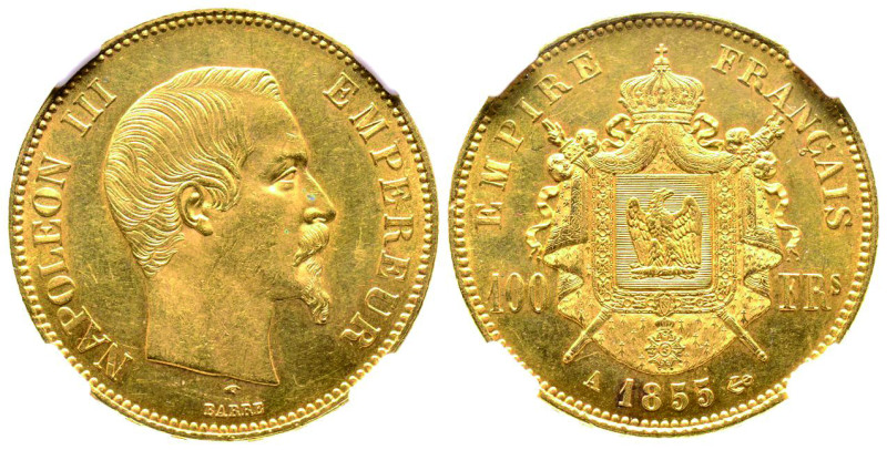 Second Empire 1852-1870
100 Francs, Paris, 1855 A, AU 32.25 g.
Ref : G.1135, Fr....