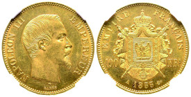Second Empire 1852-1870
100 Francs, Paris, 1855 A, AU 32.25 g.
Ref : G.1135, Fr. 570
Conservation : NGC MS 63