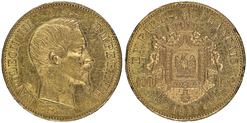 Second Empire 1852-1870
100 Francs, Strasbourg, 1855 BB, AU 32.25 g.
Ref : G.113...