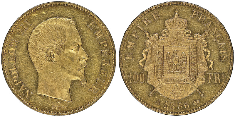 Second Empire 1852-1870
100 Francs, Paris, 1856 A, AU 32.25 g.
Ref : G.1135, Fr....