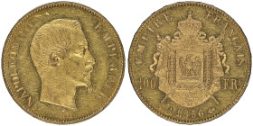 Second Empire 1852-1870
100 Francs, Paris, 1856 A, AU 32.25 g.
Ref : G.1135, Fr. 569 
Conservation : NGC MS 61