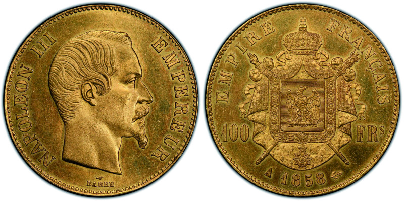 Second Empire 1852-1870
100 Francs, Paris, 1858 A, AU 32.25 g.
Ref : G.1135, Fr....