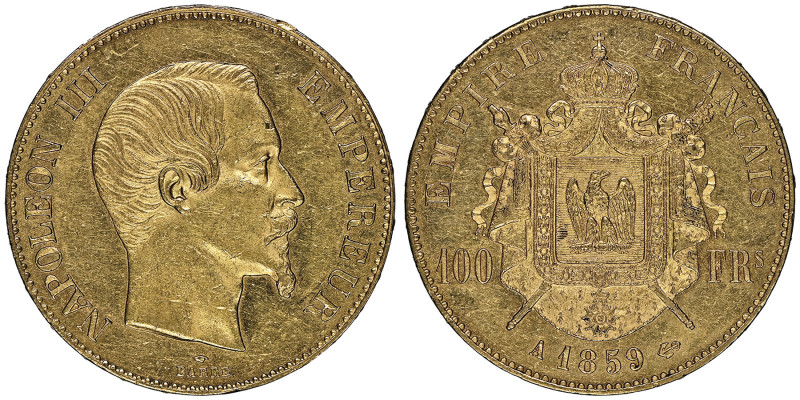 Second Empire 1852-1870
100 Francs, Paris, 1859 A, AU 32.25 g.
Ref : G.1135, Fr....