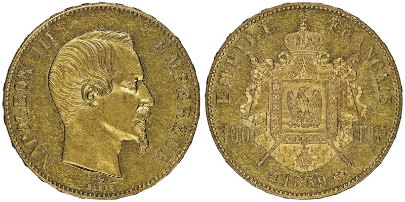 Second Empire 1852-1870
100 Francs, Strasbourg, 1859 BB, AU 32.25 g.
Ref : G.113...