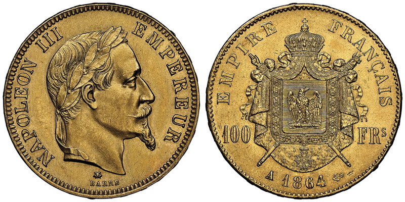 Second Empire 1852-1870
100 Francs, Paris, 1864 A, AU 32.25 g. Ref : G. 1136, Fr...