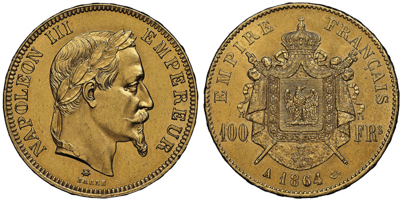 Second Empire 1852-1870
100 Francs, Paris, 1864 A, AU 32.25 g. Ref : G. 1136, Fr...
