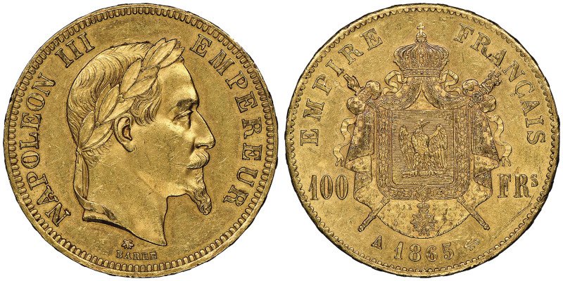 Second Empire 1852-1870
100 Francs, Paris, 1865 A, AU 32.25 g. Ref : G. 1136, F...