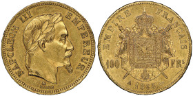 Second Empire 1852-1870
100 Francs, Paris, 1865 A, AU 32.25 g. Ref : G. 1136, Fr. 580
Conservation : NGC MS 61
Quantité : 1517 exemplaires. Très Ra...