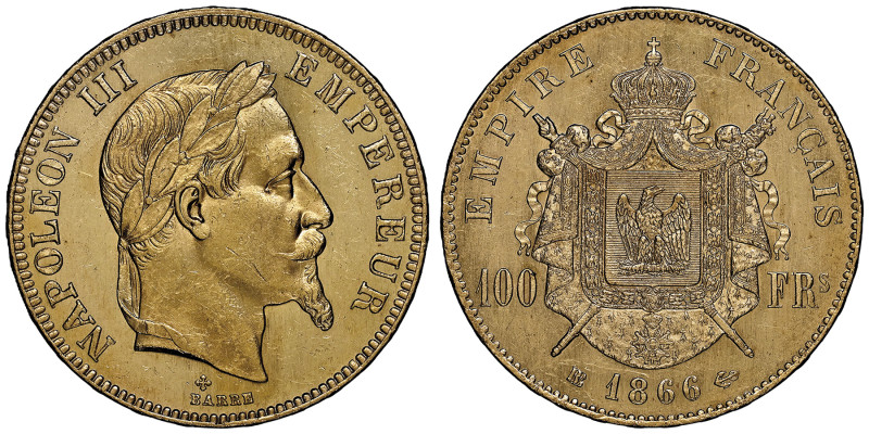 Second Empire 1852-1870
100 Francs, Strasbourg, 1866 BB, AU 32.25 g. Ref : G.113...