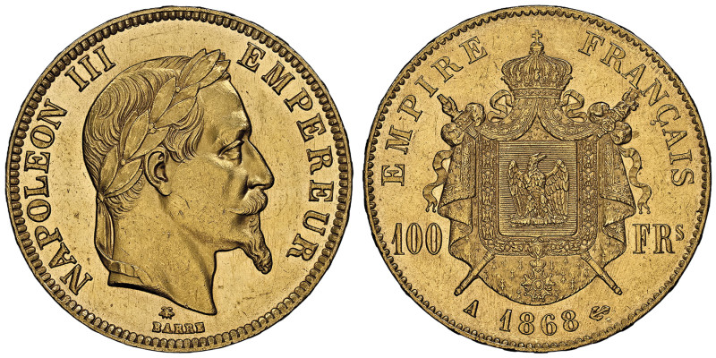 Second Empire 1852-1870
100 Francs, Paris, 1868 A, AU 32.25 g. Ref : G.1136, Fr....