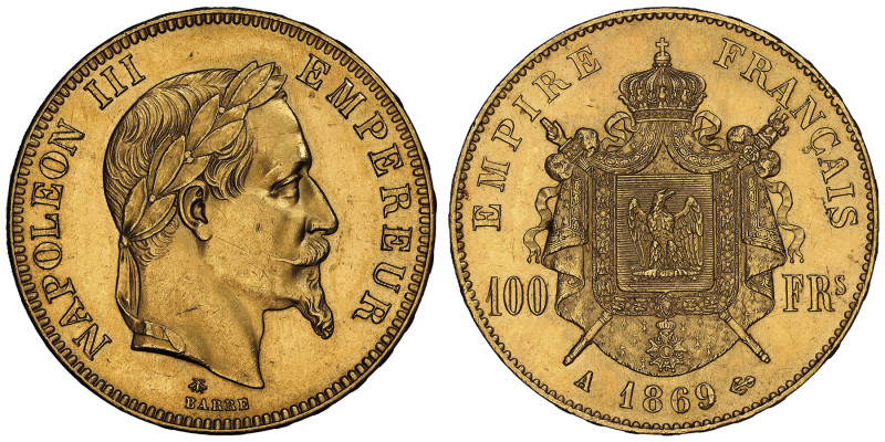 Second Empire 1852-1870
100 Francs, Paris, 1869 A, AU 32.25 g. Ref : G.1136, Fr....