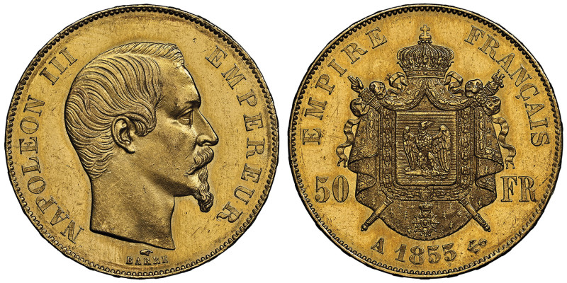 Second Empire 1852-1870
50 Francs, Paris, 1855 A, AU 16.12 g.
Ref : G.1135
Ex Co...