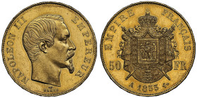 Second Empire 1852-1870
50 Francs, Paris, 1855 A, AU 16.12 g.
Ref : G.1135
Ex Collection Abbe J. Thilliez, lot 595
Conservation : NGC MS 63★