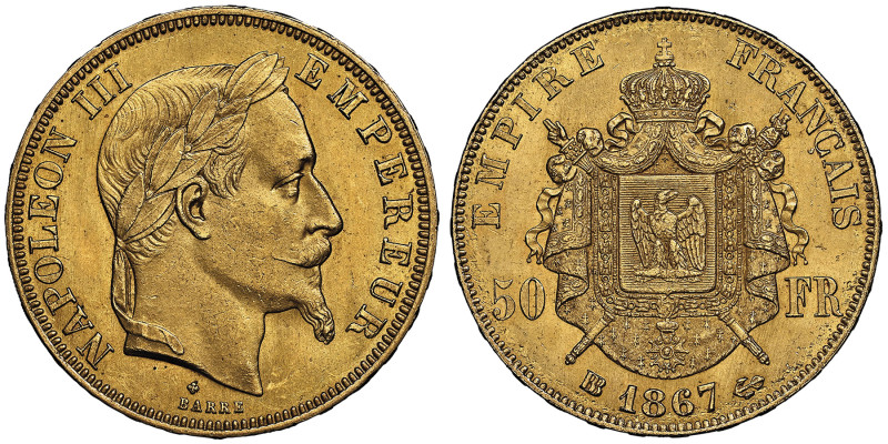 Second Empire 1852-1870
50 Francs, Strasbourg, 1867 BB, AU 16.12 g. Ref : G. 111...
