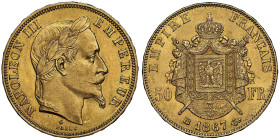 Second Empire 1852-1870
50 Francs, Strasbourg, 1867 BB, AU 16.12 g. Ref : G. 1112, Fr 583
Ex Collection Abbé J. Thilliez, lot 625 Conservation : NGC M...