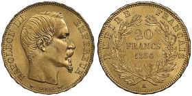 Second Empire 1852-1870
20 Francs, Paris, 1854 A, Tête de chien / main, AU 6.45 g.
Ref : G. 1061 Fr. 573
Conservation : NGC MS 65