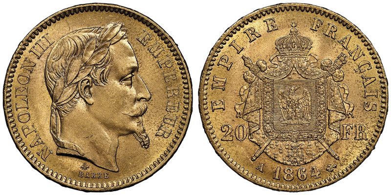 Second Empire 1852-1870
20 Francs, Paris, 1864 A, AU 6.45 g. Ref : G. 1062 Fr. 5...