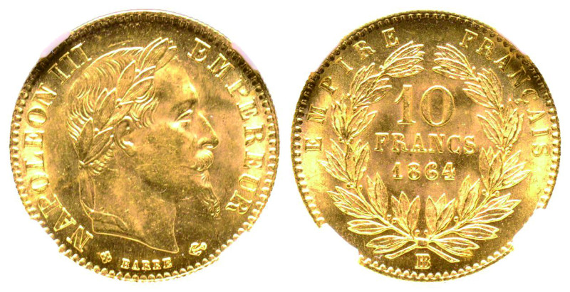 Second Empire 1852-1870
10 Francs Tête laurée, Paris, 1864 BB, AU 3.22 g. Ref : ...