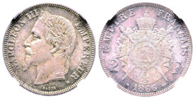 Second Empire 1852-1870
2 Francs, Strasbourg, 1866 BB, AG 10 g.
Ref : G.527
Conservation : NGC MS 65. Top Pop: le plus beau connu