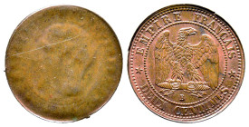 Second Empire 1852-1870
Essai de 2 centimes uniface, Rouen, Cuivre 2.03 g.
Conservation : Superbe