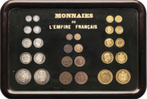 Second Empire 1852-1870
Rarissime cadre de présentation contenant 28 monnaies uniface de 1 centime à 100 francs daté 1855, Cuivre doré, cuivre argenté...