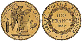 Troisième République 1870-1940
100 Francs, Paris, 1889 A, AU 32.25 g. 35 mm
Avers : REPUBLIQUE FRANCAISE Le génie qui écrit la constitution
Revers ...
