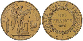 Troisième République 1870-1940
100 Francs, Paris, 1896 A, AU 32.25 g.
Avers : REPUBLIQUE FRANCAISE Le génie qui écrit la constitution
Revers : LIBERTE...