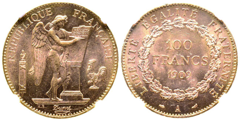 Troisième République 1870-1940
100 Francs, Paris, 1909 A, AU 32.25 g.
Ref : G. 1...